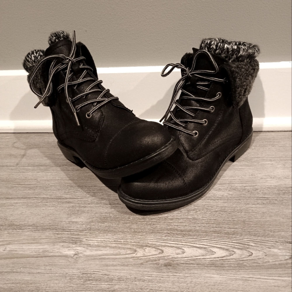 Black leather/sweater booties